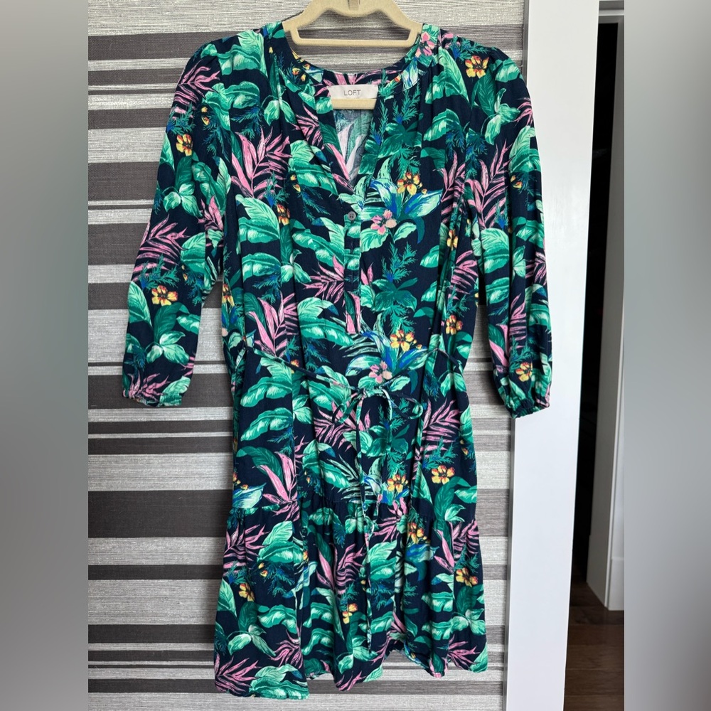 LOFT Tropical Print Dress with Pink and Green